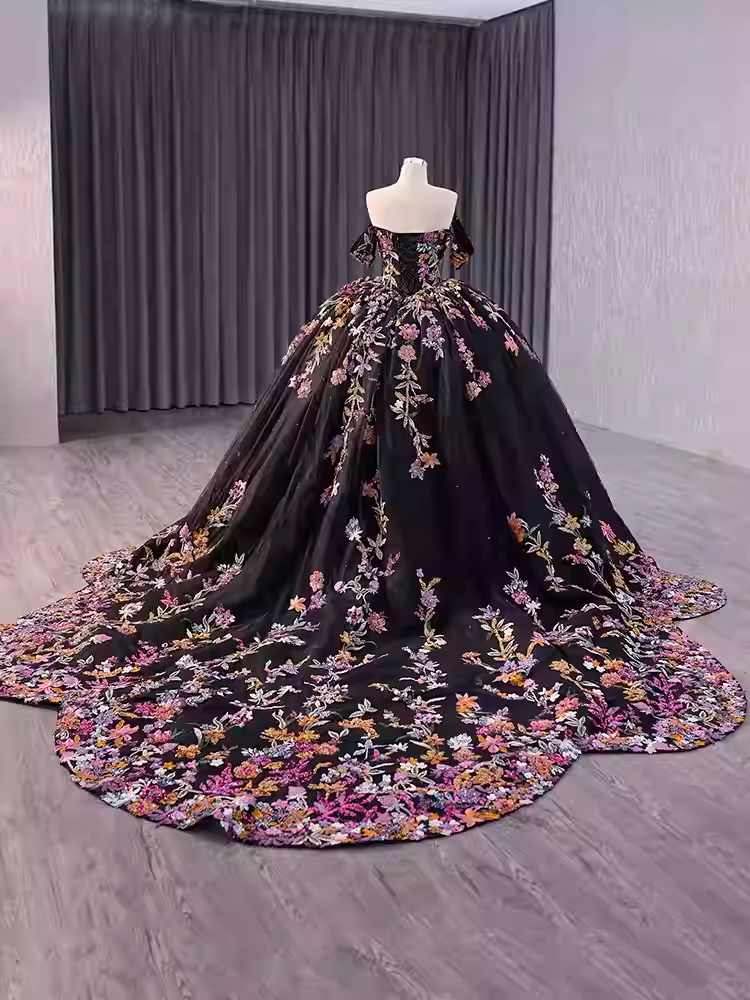 Stunning Off - Shoulder Black Floral Embroidered Ball Gown with Long Train - Prom Dress, BG046
