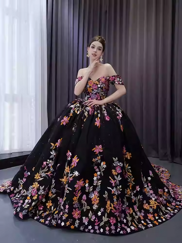 Stunning Off - Shoulder Black Floral Embroidered Ball Gown with Long Train - Prom Dress, BG046