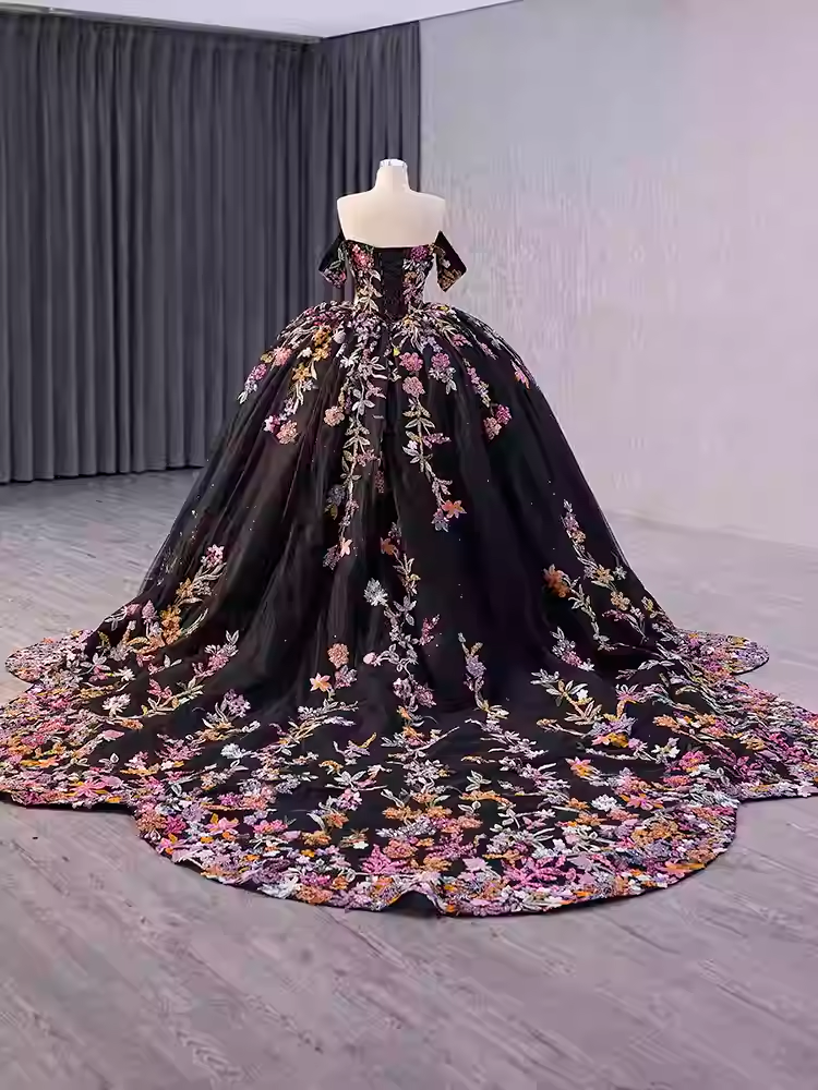 Stunning Off - Shoulder Black Floral Embroidered Ball Gown with Long Train - Prom Dress, BG046