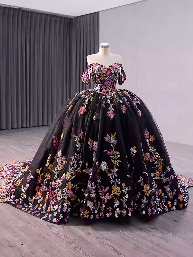 Stunning Off - Shoulder Black Floral Embroidered Ball Gown with Long Train - Prom Dress, BG046
