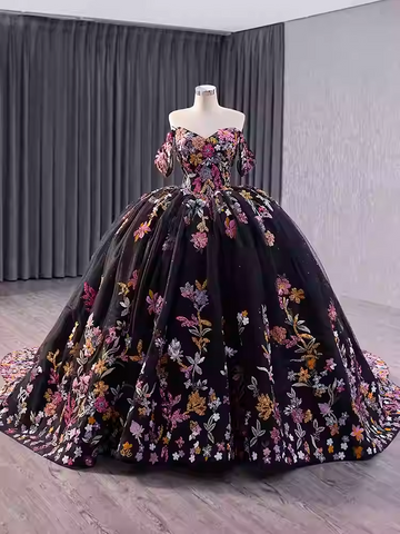 Stunning Off - Shoulder Black Floral Embroidered Ball Gown with Long Train - Prom Dress, BG046