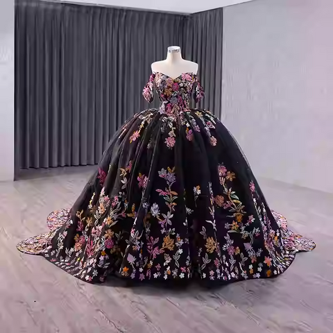 Stunning Off - Shoulder Black Floral Embroidered Ball Gown with Long Train - Prom Dress, BG046
