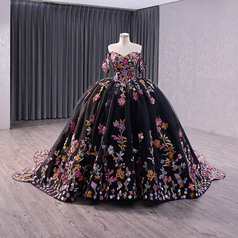 Stunning Off - Shoulder Black Floral Embroidered Ball Gown with Long Train - Prom Dress, BG046