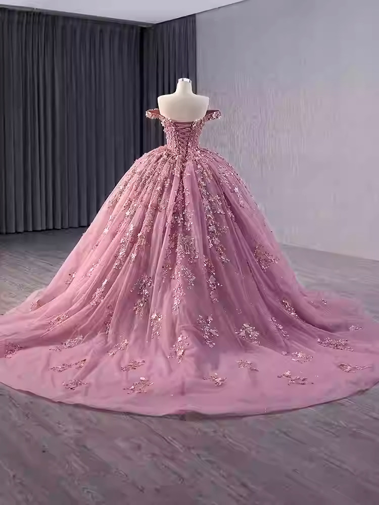 Charming Off - Shoulder Pink Embellished Ball Gown with Long Train - Prom Dress, BG047