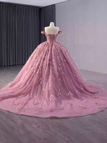 Charming Off - Shoulder Pink Embellished Ball Gown with Long Train - Prom Dress, BG047