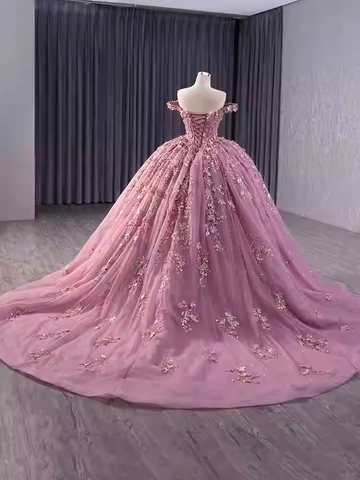 Charming Off - Shoulder Pink Embellished Ball Gown with Long Train - Prom Dress, BG047