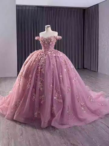 Charming Off - Shoulder Pink Embellished Ball Gown with Long Train - Prom Dress, BG047