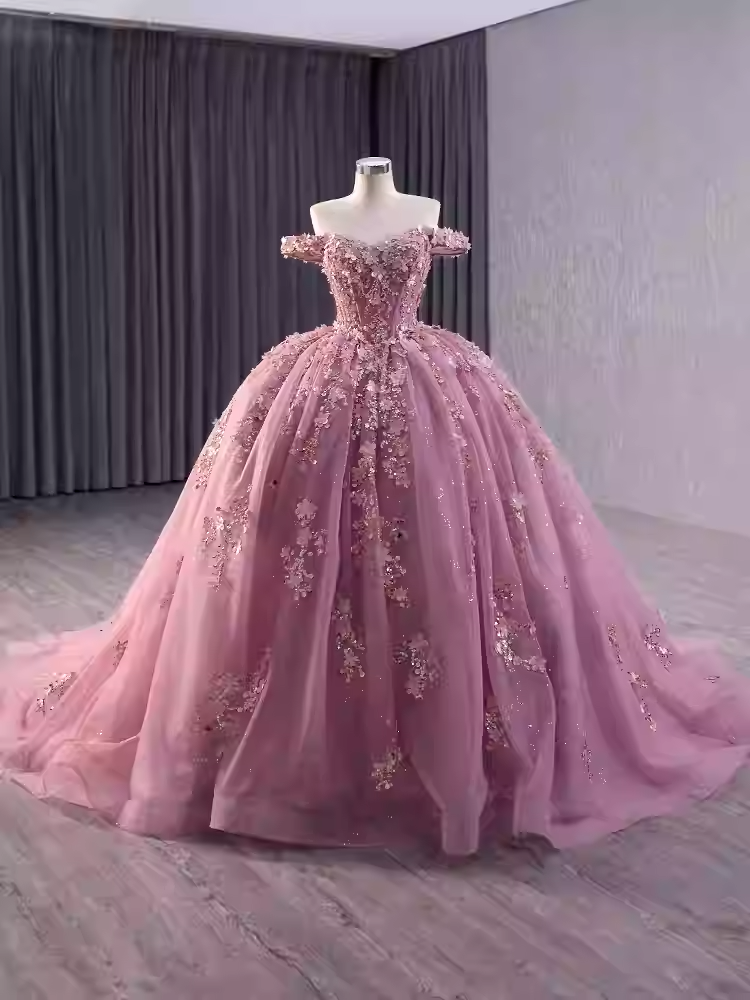 Charming Off - Shoulder Pink Embellished Ball Gown with Long Train - Prom Dress, BG047