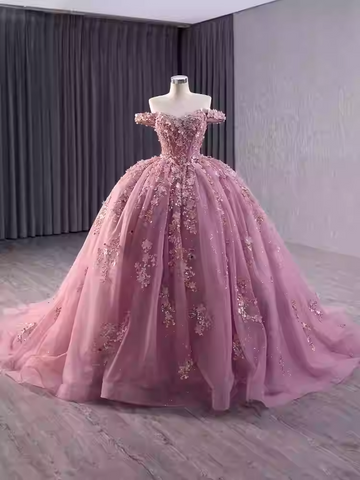 Charming Off - Shoulder Pink Embellished Ball Gown with Long Train - Prom Dress, BG047