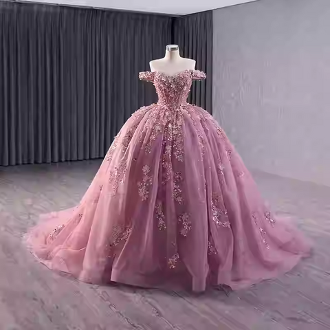 Charming Off - Shoulder Pink Embellished Ball Gown with Long Train - Prom Dress, BG047
