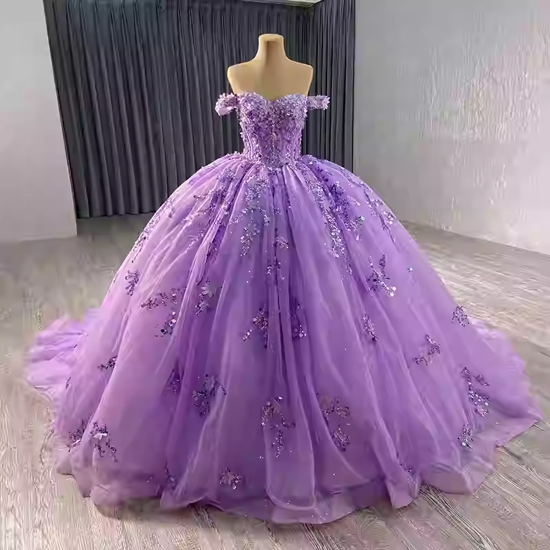 Charming Off - Shoulder Pink Embellished Ball Gown with Long Train - Prom Dress, BG047