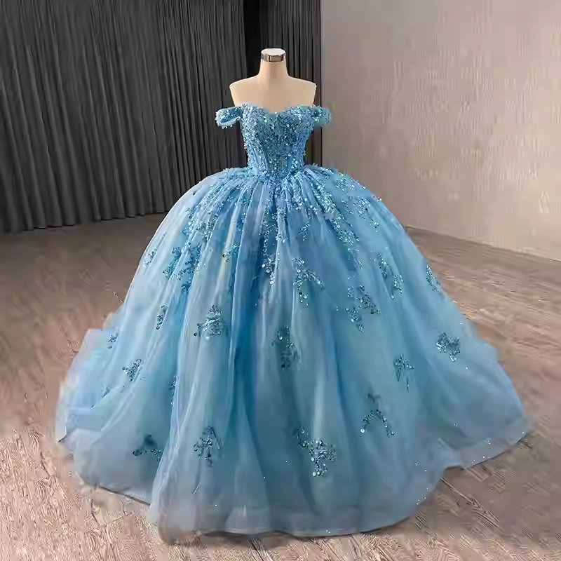Charming Off - Shoulder Pink Embellished Ball Gown with Long Train - Prom Dress, BG047