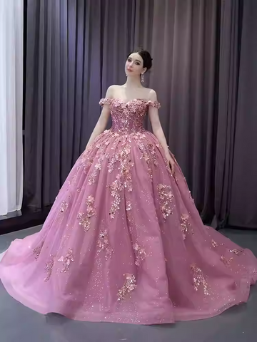 Charming Off - Shoulder Pink Embellished Ball Gown with Long Train - Prom Dress, BG047