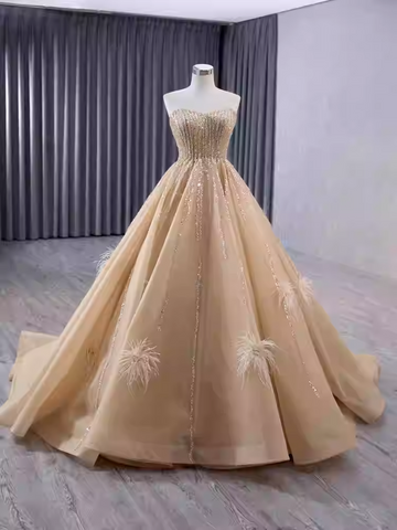 Gorgeous Strapless Golden Sequin Ball Gown with Feather - Embellished Sleeves Prom Dress, BG049