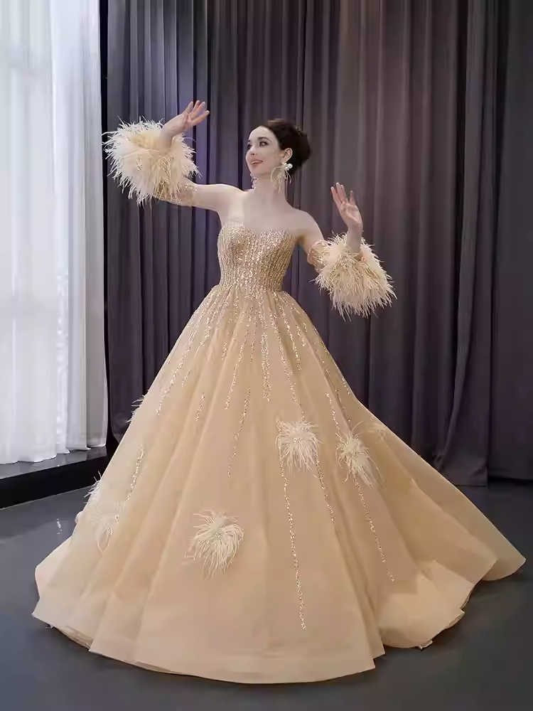 Gorgeous Strapless Golden Sequin Ball Gown with Feather - Embellished Sleeves Prom Dress, BG049