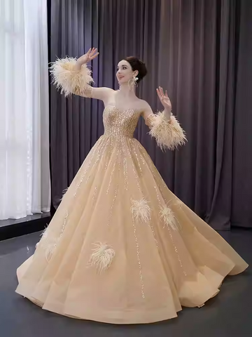 Gorgeous Strapless Golden Sequin Ball Gown with Feather - Embellished Sleeves Prom Dress, BG049