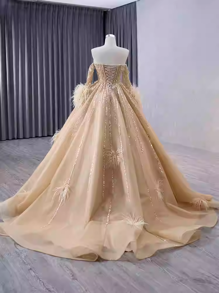 Gorgeous Strapless Golden Sequin Ball Gown with Feather - Embellished Sleeves Prom Dress, BG049