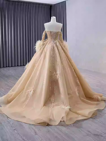 Gorgeous Strapless Golden Sequin Ball Gown with Feather - Embellished Sleeves Prom Dress, BG049