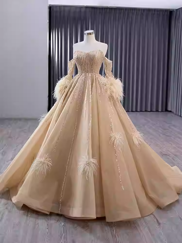 Gorgeous Strapless Golden Sequin Ball Gown with Feather - Embellished Sleeves Prom Dress, BG049