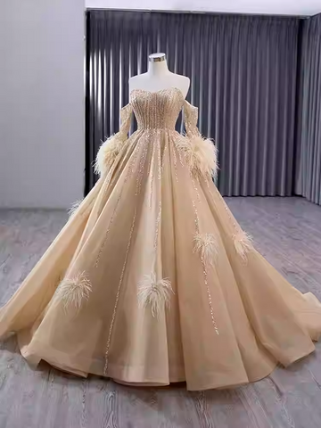 Gorgeous Strapless Golden Sequin Ball Gown with Feather - Embellished Sleeves Prom Dress, BG049