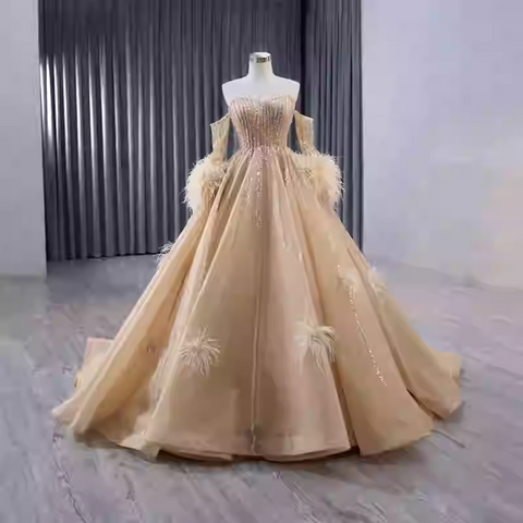 Gorgeous Strapless Golden Sequin Ball Gown with Feather - Embellished Sleeves Prom Dress, BG049