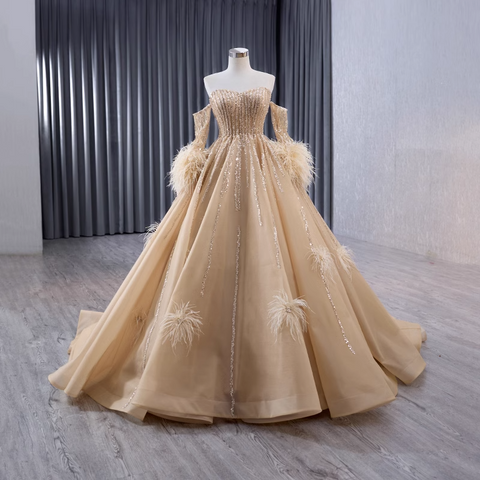 Gorgeous Strapless Golden Sequin Ball Gown with Feather - Embellished Sleeves Prom Dress, BG049