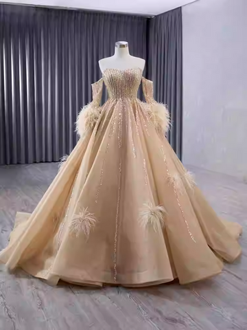 Gorgeous Strapless Golden Sequin Ball Gown with Feather - Embellished Sleeves Prom Dress, BG049