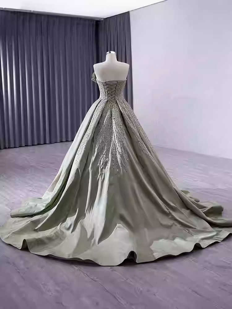 Elegant Strapless Champagne - Hued Embellished Ball Gown with Long Train - Prom Dress, BG050