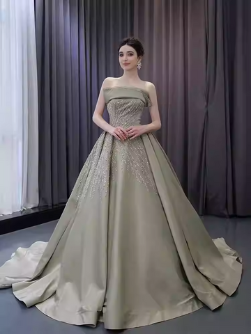 Elegant Strapless Champagne - Hued Embellished Ball Gown with Long Train - Prom Dress, BG050