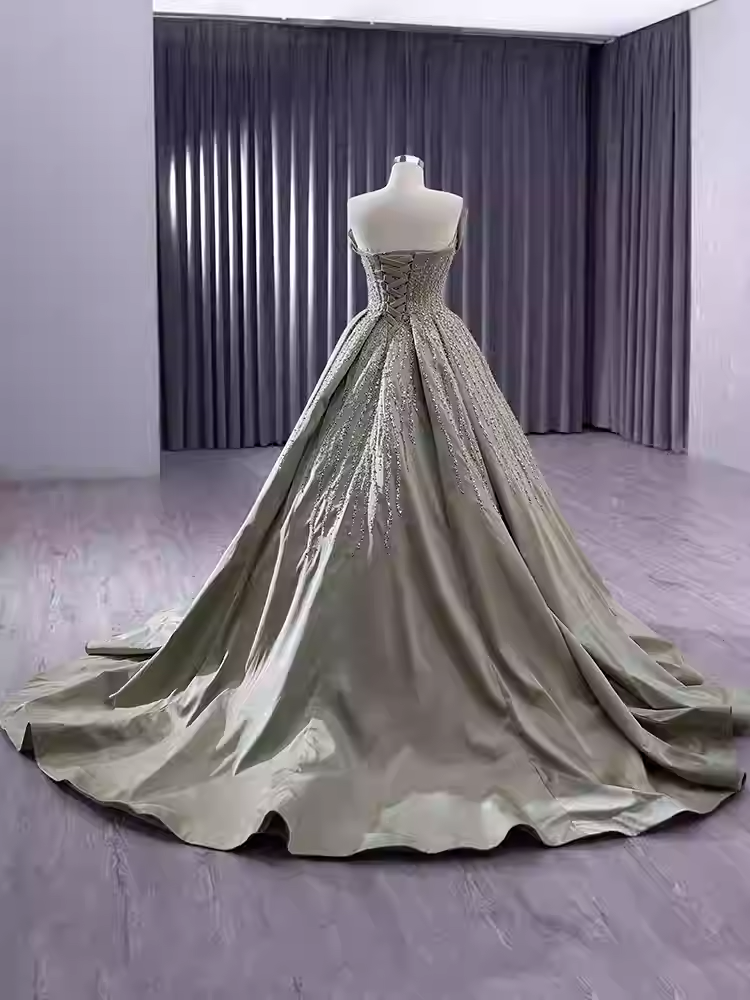 Elegant Strapless Champagne - Hued Embellished Ball Gown with Long Train - Prom Dress, BG050