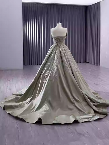 Elegant Strapless Champagne - Hued Embellished Ball Gown with Long Train - Prom Dress, BG050