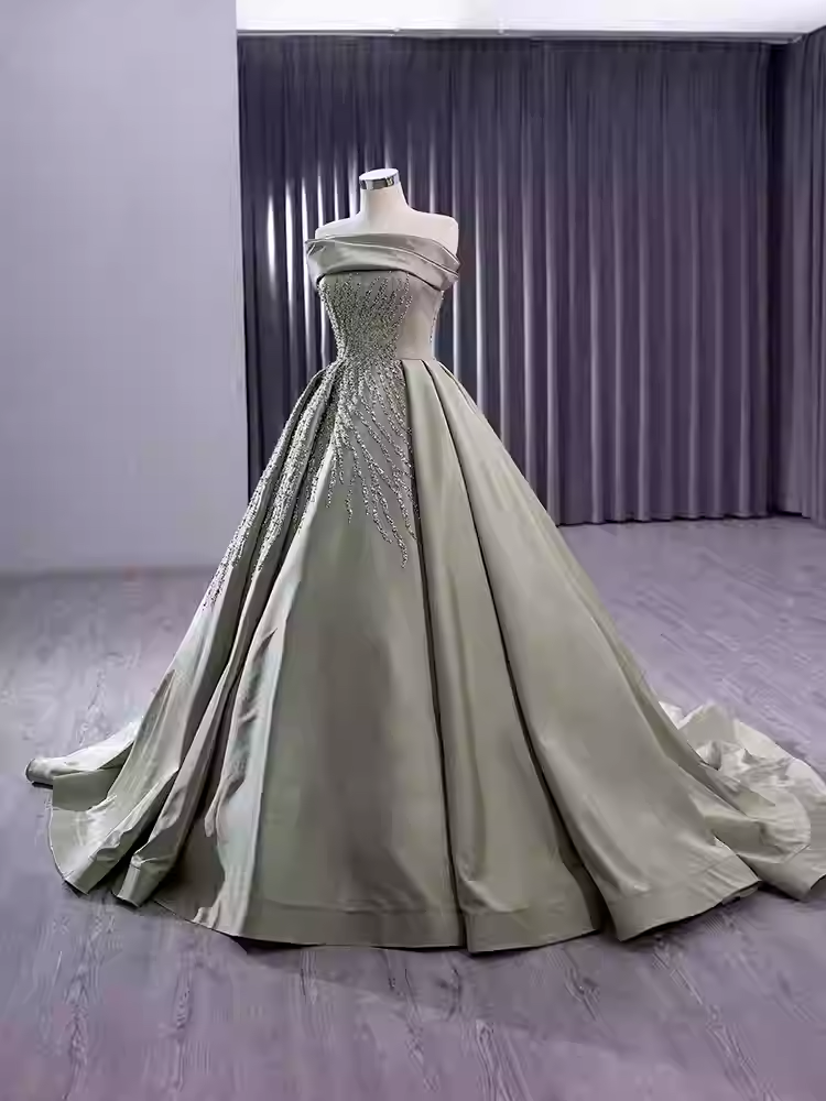 Elegant Strapless Champagne - Hued Embellished Ball Gown with Long Train - Prom Dress, BG050