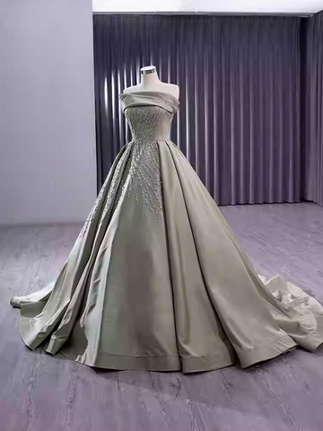 Elegant Strapless Champagne - Hued Embellished Ball Gown with Long Train - Prom Dress, BG050