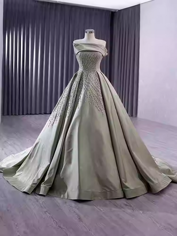 Elegant Strapless Champagne - Hued Embellished Ball Gown with Long Train - Prom Dress, BG050