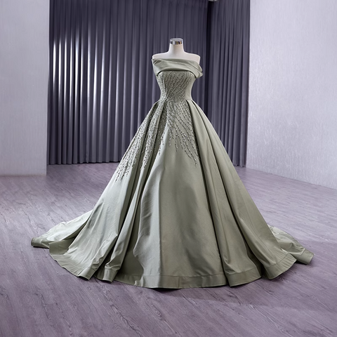 Elegant Strapless Champagne - Hued Embellished Ball Gown with Long Train - Prom Dress, BG050