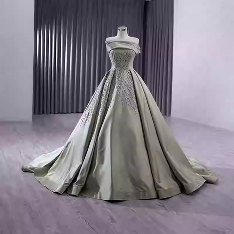 Elegant Strapless Champagne - Hued Embellished Ball Gown with Long Train - Prom Dress, BG050