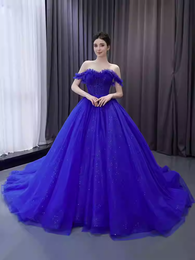 Breathtaking Off - Shoulder Royal Blue Tulle Ball Gown with Sparkling Embellishments - Prom Dress, BG051