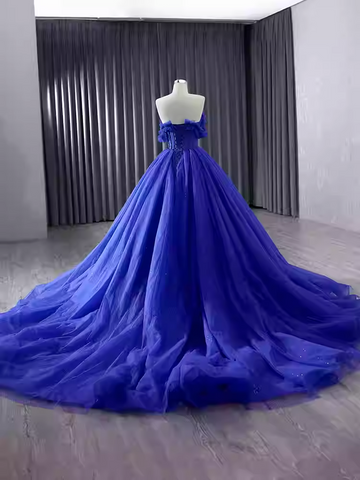 Breathtaking Off - Shoulder Royal Blue Tulle Ball Gown with Sparkling Embellishments - Prom Dress, BG051