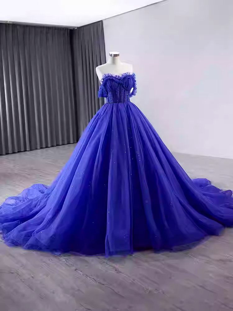 Breathtaking Off - Shoulder Royal Blue Tulle Ball Gown with Sparkling Embellishments - Prom Dress, BG051