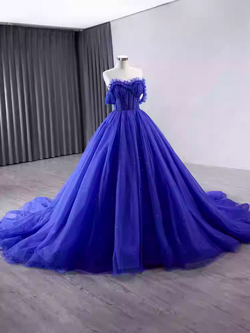Breathtaking Off - Shoulder Royal Blue Tulle Ball Gown with Sparkling Embellishments - Prom Dress, BG051