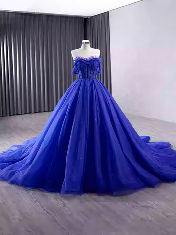 Breathtaking Off - Shoulder Royal Blue Tulle Ball Gown with Sparkling Embellishments - Prom Dress, BG051
