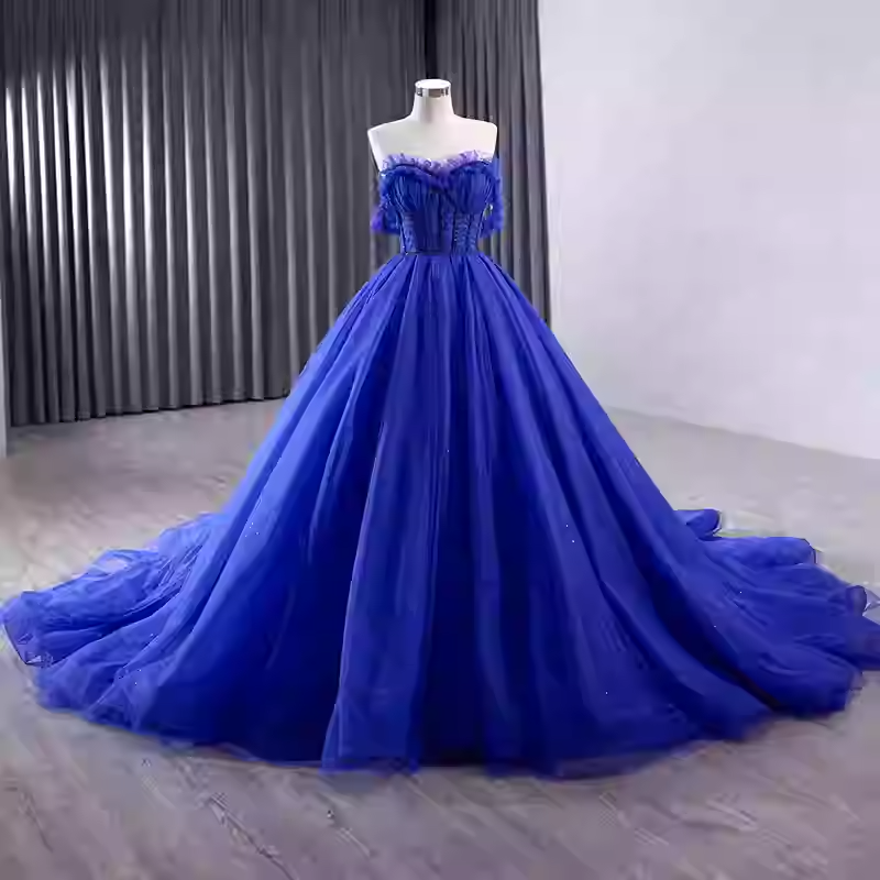 Breathtaking Off - Shoulder Royal Blue Tulle Ball Gown with Sparkling Embellishments - Prom Dress, BG051