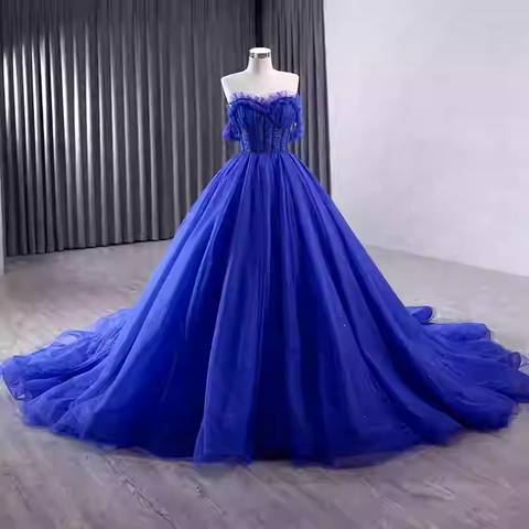 Breathtaking Off - Shoulder Royal Blue Tulle Ball Gown with Sparkling Embellishments - Prom Dress, BG051