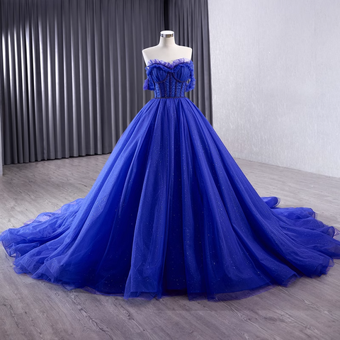 Breathtaking Off - Shoulder Royal Blue Tulle Ball Gown with Sparkling Embellishments - Prom Dress, BG051
