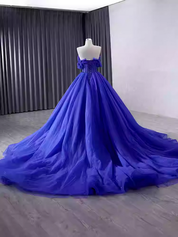 Breathtaking Off - Shoulder Royal Blue Tulle Ball Gown with Sparkling Embellishments - Prom Dress, BG051