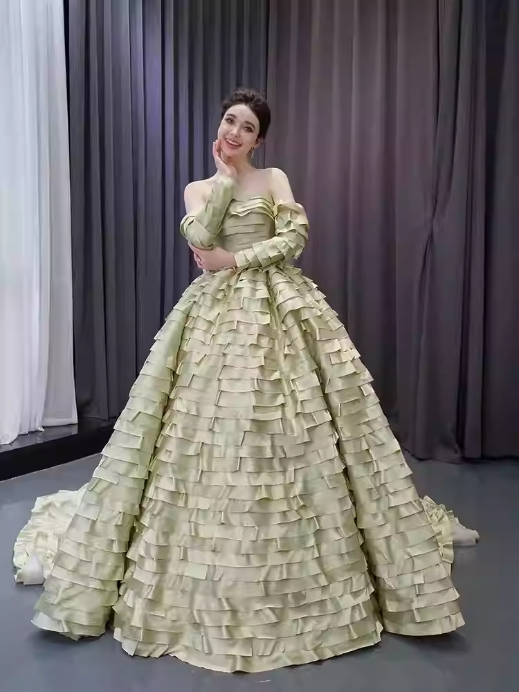 Exquisite Off - Shoulder Ruffled Green Ball Gown with Long Train - Prom Dress, BG052