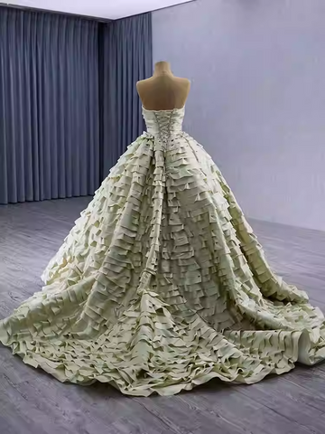 Exquisite Off - Shoulder Ruffled Green Ball Gown with Long Train - Prom Dress, BG052