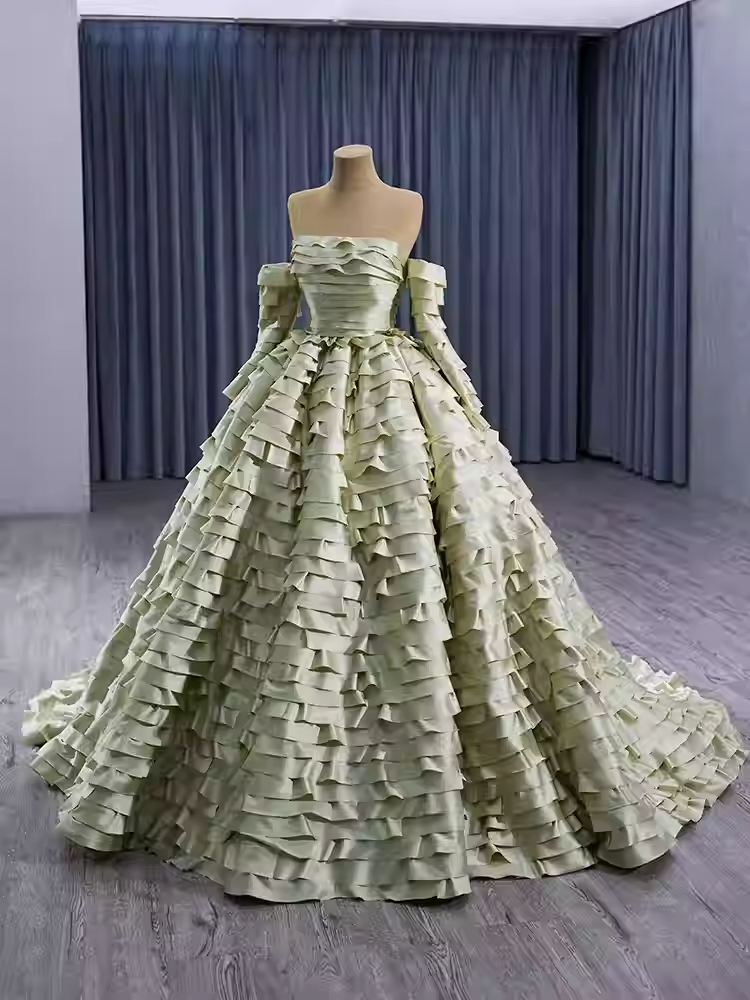Exquisite Off - Shoulder Ruffled Green Ball Gown with Long Train - Prom Dress, BG052