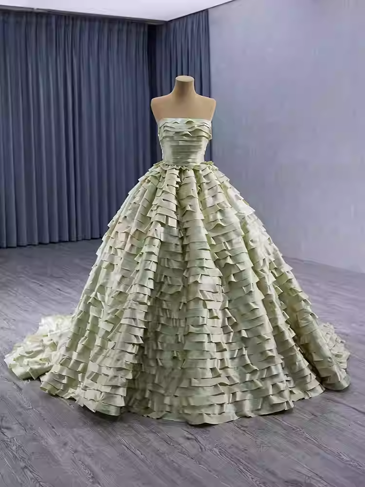 Exquisite Off - Shoulder Ruffled Green Ball Gown with Long Train - Prom Dress, BG052