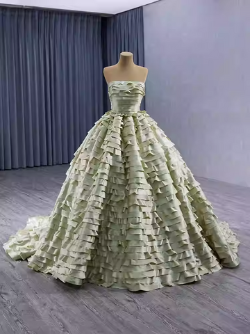 Exquisite Off - Shoulder Ruffled Green Ball Gown with Long Train - Prom Dress, BG052